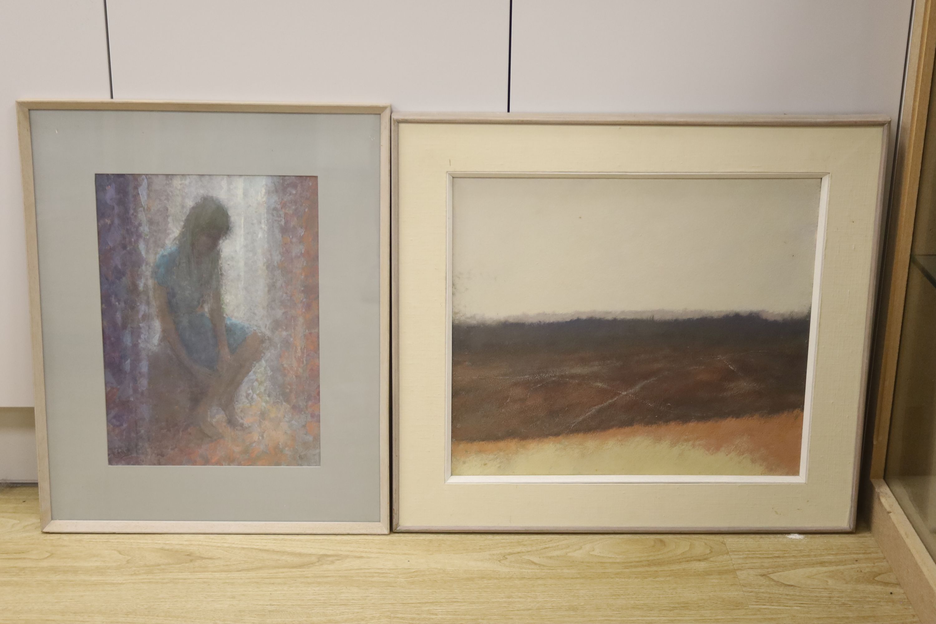 Harold Cheesman, oil on board, Near Alice Holt 1977, inscribed verso, 41 x 47cm and a watercolour of a seated girl by Niell Barwell